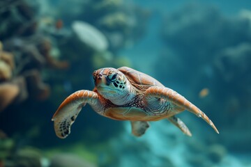 Majestic sea turtle swims gracefully, underwater wildlife photography