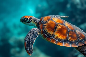 Majestic sea turtle swims gracefully, underwater wildlife photography
