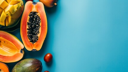 eating and food concept - close up of papaya with other exotic fruits on blue background