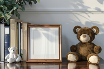 Picture-perfect setup A tabletop featuring a stylish photo frame mock-up complemented by a charming teddy bear decoration.
