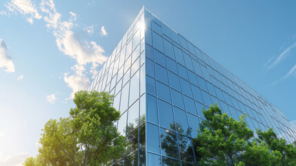Contemporary glass facade office building with green trees and clear sky in a low-angle view