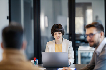 A young businesswoman is using laptop on a meeting at boardroom.