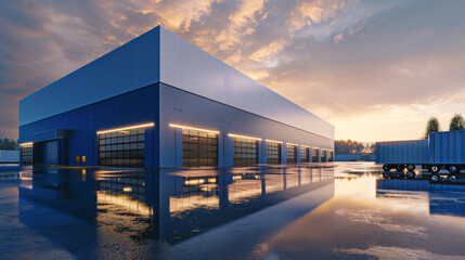 Logistics center illuminated at dusk, with a striking sky and reflective wet pavement