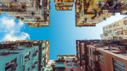 Gazing at a clear blue sky amidst vibrant high-rise residential buildings