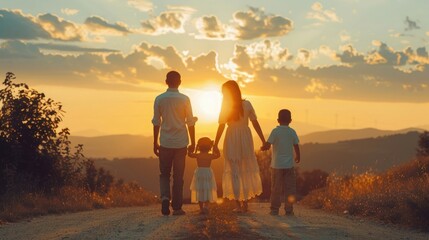 Happy family: mother, father, children son and daughter on sunset.