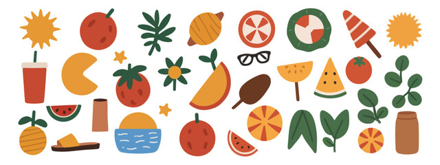 Fresh Summer Collection. Flat Illustrations of Fresh Fruits, Refreshing Beverages, and More!.