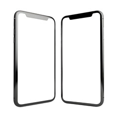 Set of two smartphones with white blank screens mockup on white background. Two smartphones frame screens business infographic mockups of web site or design app.