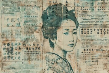 Asian business women ephemera border text backgrounds newspaper.