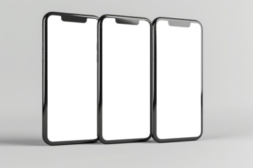 Set of smartphones with white blank screens mockup on light grey background. Three smartphones business infographic mockups of web site or design app.