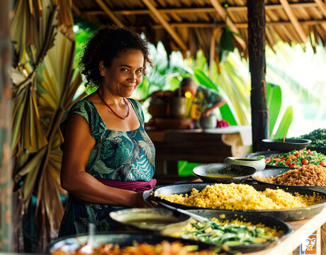 Native people from a tropical paradise, island people culture, black African, Haitian, Caribbean woman, serving local authentic food. Travel holiday themed photography. Tropical beach, Coconut trees