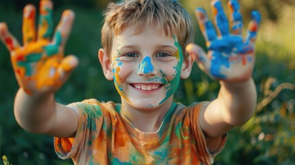 Happy cute boy with painted paint palms outstretched ahead. Happy summer holidays. School education. Children's summer camp outdoors