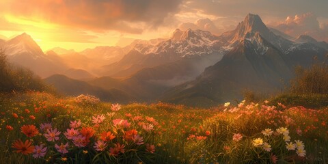 Mountain and flower garden in the afternoon glow 🌄🌷 Sunlight casts a warm hue over the lush garden, with a backdrop of towering mountains. Colors blend beautifully, creating a serene and enchanting