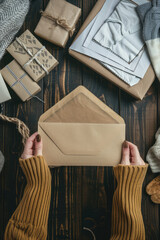 Female hands holding envelope at rustic wooden table background, cardboard packages and clothes. Craft packaging concept for delivery of handmade goods.