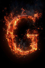 Fire font alphabet G made of burning fire letter on black background