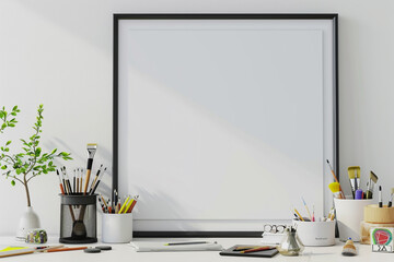 Minimalist workspace with vertical empty frame against white wall, adorned with sleek office decor and artist supplies. Hygge-inspired interior design.