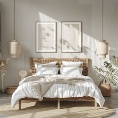 Modern bedroom mockup featuring elegant frames and a stylish wooden bed, captured in full Ultra HD clarity. --v 6.0 - Image #1 @Kashif