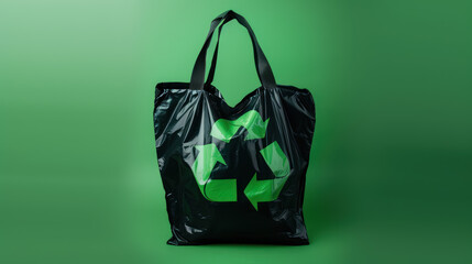 recyclable eco friendly black tote bag with green recycle symbol