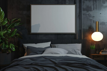 Modern Dark Bedroom Interior Featuring Sleek Mock-up Poster Frame