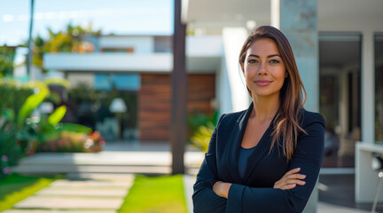 Confident American woman real estate agent stands proudly outside a modern home, radiating expertise and approachability, ready to assist potential house