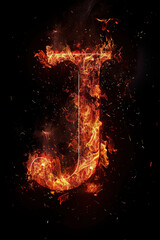 Fire font alphabet J made of burning fire letter on black background