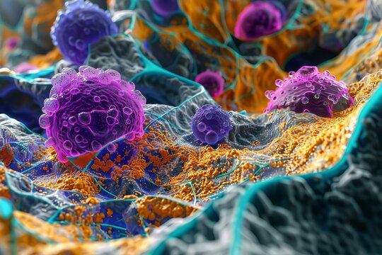 microscopic view of adipose tissue with colorful fat cells 3d illustration
