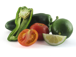 tomato, yellow pepper, green, natural lemon on white background