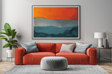 Modern minimalist poster design complementing hipster living room ambiance, enhanced with dynamic lighting and texture,