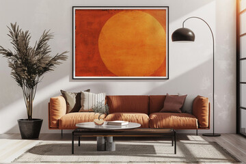 Modern minimalist poster design complementing hipster living room ambiance, enhanced with dynamic lighting and texture,