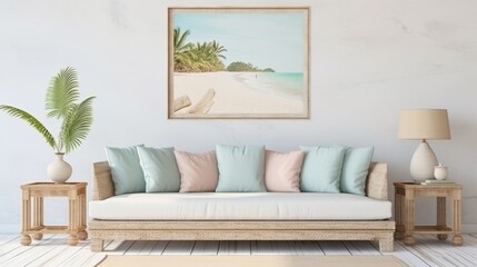 Coastal style living room interior with beach landscape painting, white sofa with pastel cushions, wooden side tables, and tropical plant. Interior design with a summer vacation concept