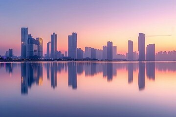 modern city skyline at sunset futuristic skyscrapers and clear water reflection