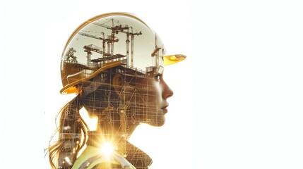 Double exposure of a woman engineer wearing a yellow helmet and a construction site