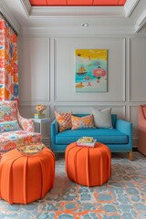 Vibrant living room adorned with orange and blue furnishings, radiating energy and style. 🧡💙