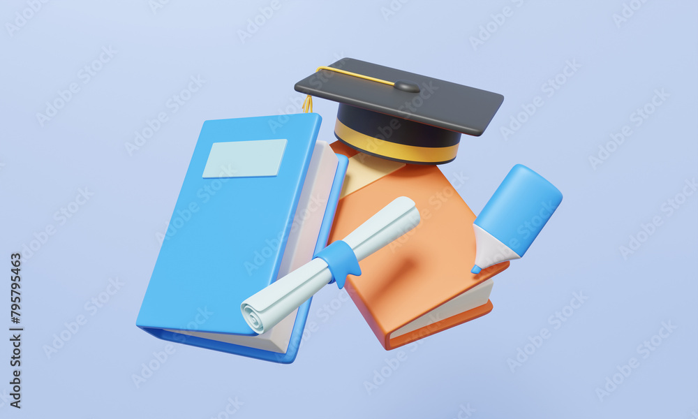 Fototapete notebook graduation cap diploma graduation certificate floating on pastel background. quality course