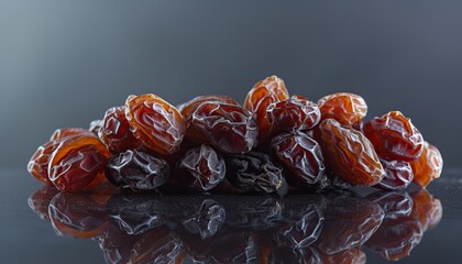Glossy dates rest on a mirror, their rich brown tones deepened by the reflection below. 🍯✨ Each date, with its wrinkled texture, casts a shimmering shadow, creating a scene of warmth and indulgence.