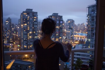 Fototapeta na wymiar A young woman stands on a balcony at twilight, soaking in the panoramic view of a city's twinkling lights and busy streets