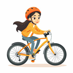A girl is riding a bicycle wearing a yellow jacket and a helmet