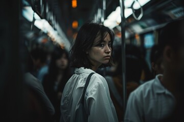 Fototapeta premium A young woman looking pensive while standing in a crowded subway train with blurred figures