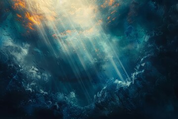 Fototapeta na wymiar mystical underwater scene with ethereal light rays penetrating the deep blue sea digital painting