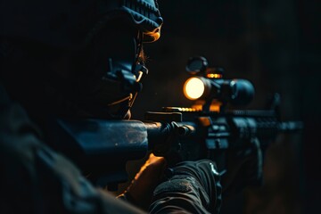 Detail-oriented view of a soldier, showcasing the intense focus and gear during a mission