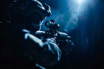 Intense scene of soldier in combat gear, aiming with rifle, lit by dramatic blue light, focus on precision