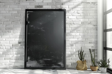 Sharp Black-framed Banner Mockup on White Brick Wall - Stunning HD Realism