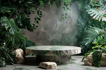 natural stone podium in green jungle product display mockup
