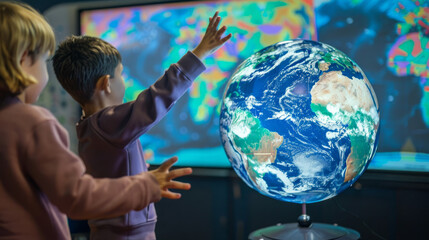An interactive electronic globe being used in a lesson on global climates