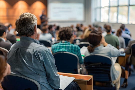 Business and entrepreneurship symposium. Speaker giving a talk at business meeting. Audience in conference hall. Rear view of unrecognized participant in audience.
