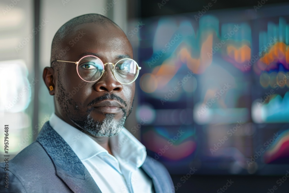 Aufkleber a professional-looking man stands with his back half-turned against a digital financial graph displa