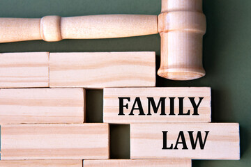 FAMILY LAW - words on wooden blocks on a white background with a judge's gavel.