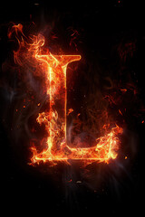 Fire font alphabet L made of burning fire letter on black background
