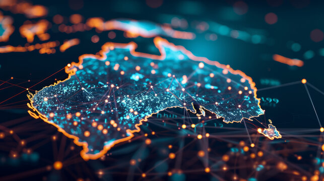 Digital representation of Australia, symbolizing international networks and connections, data transmission and digital innovation, trade exchange, knowledge and telecommunications. 