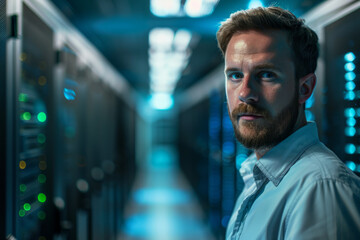 A male IT specialist in a server room, standing by computer racks and maintaining eye contact with the camera, 