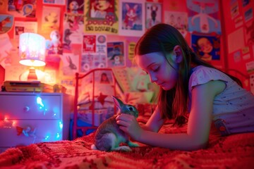 An intimate moment as a girl gently pets her rabbit in a bedroom full of colorful posters